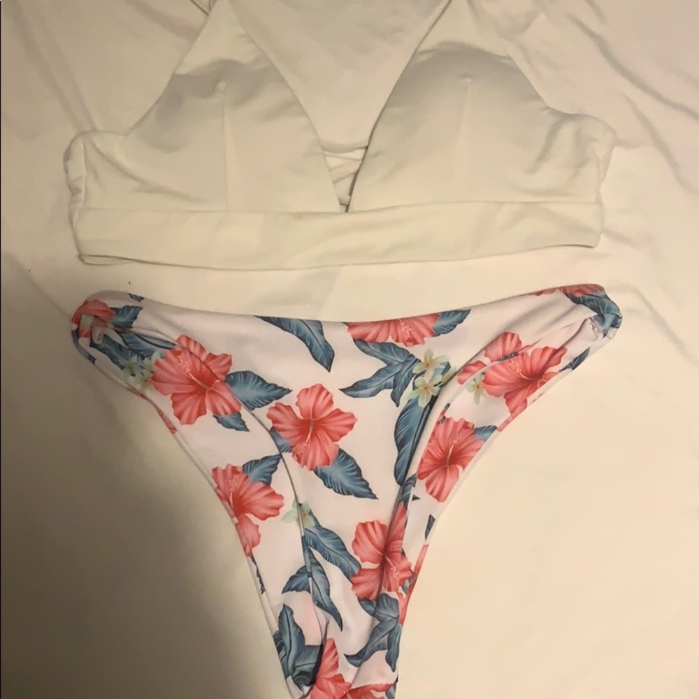 White and floral design bathing suit